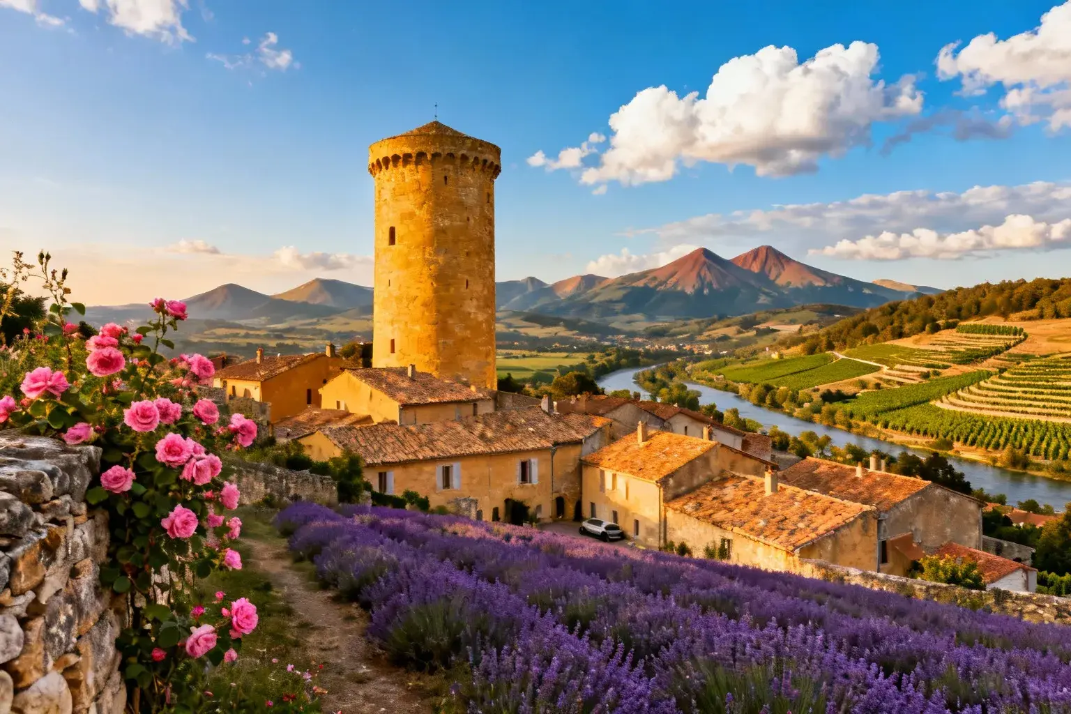 Donjon médieval en pierre dorée dominant un village avec vue sur les montagnes et vallées environnantes
