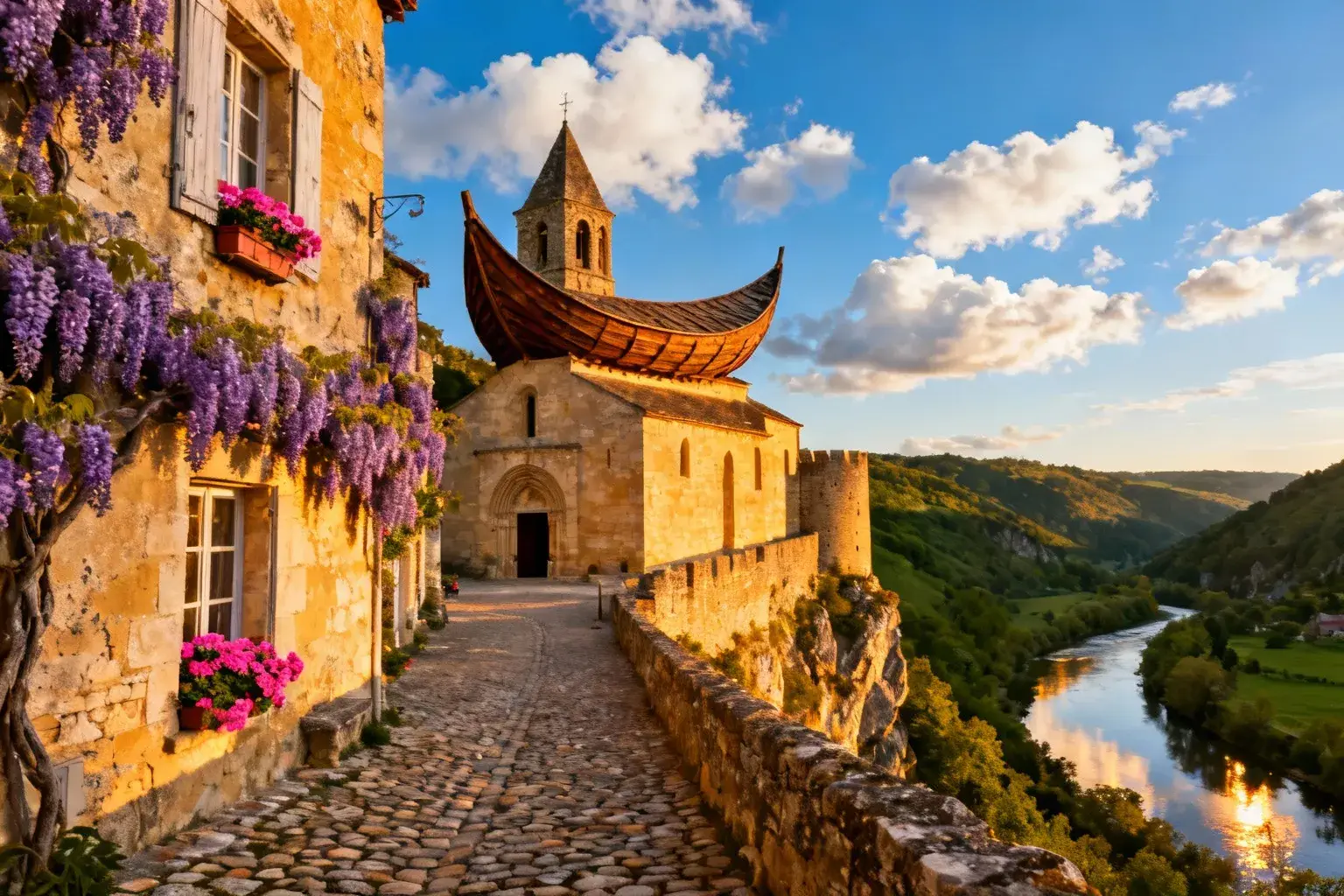 Église médiévale en pierres dorées avec charpente navale unique, entourée de fleurs et dominant une vallée verdoyante