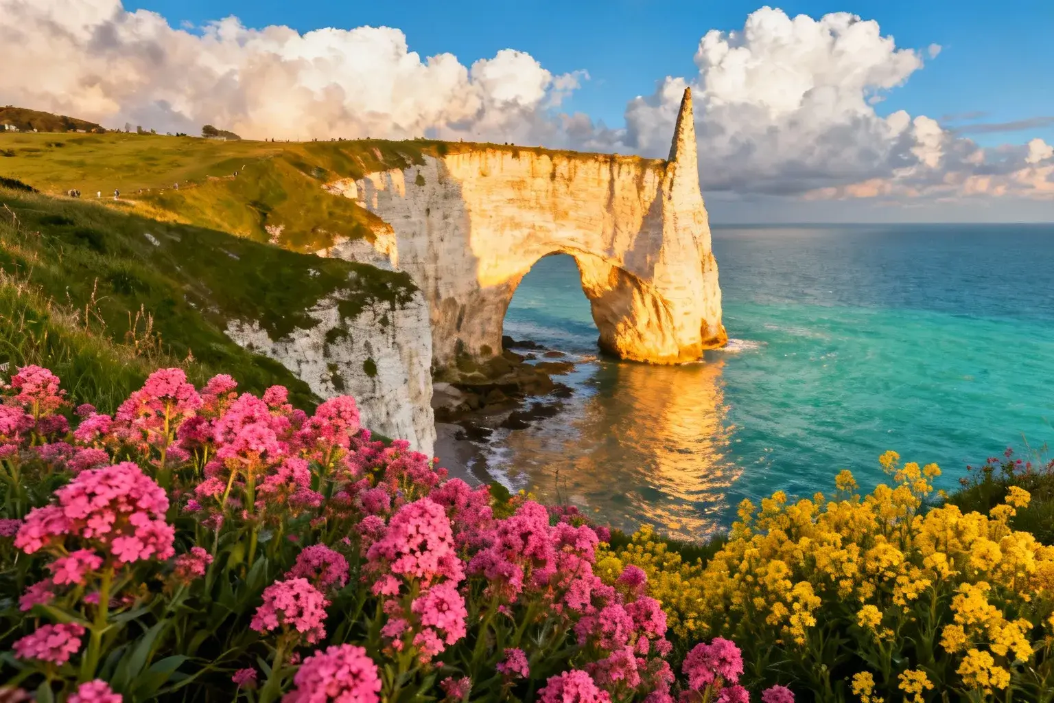Falaises de craie blanche d'Étretat avec trois arches naturelles illuminées par la lumière dorée du soleil couchant