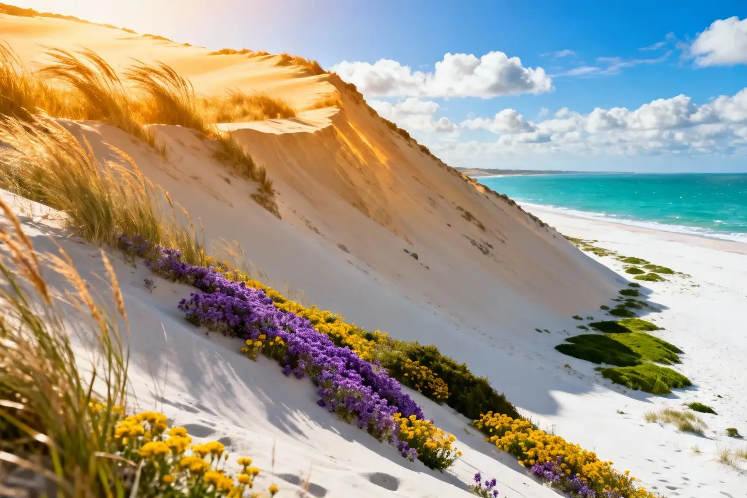 Massives dunes de sable doré à Fort-Mahon-Plage avec herbes sauvages et mer turquoise en arrière-plan