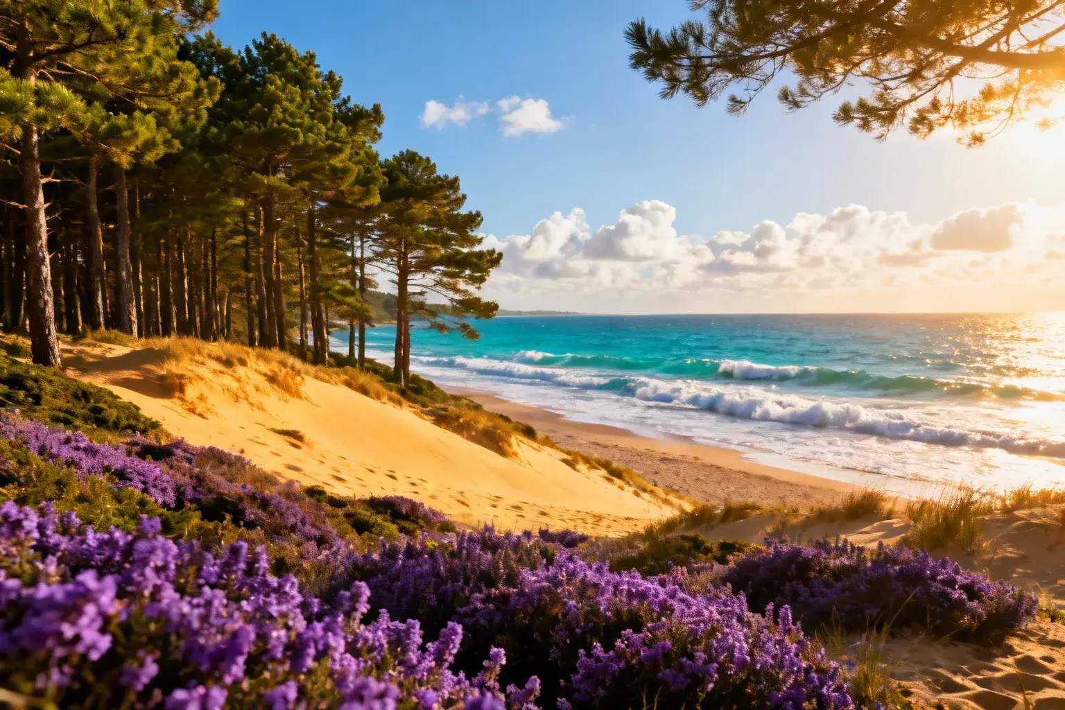 Golf naturiste entouré de dunes et de pins avec vue sur la plage atlantique et ses vagues turquoise
