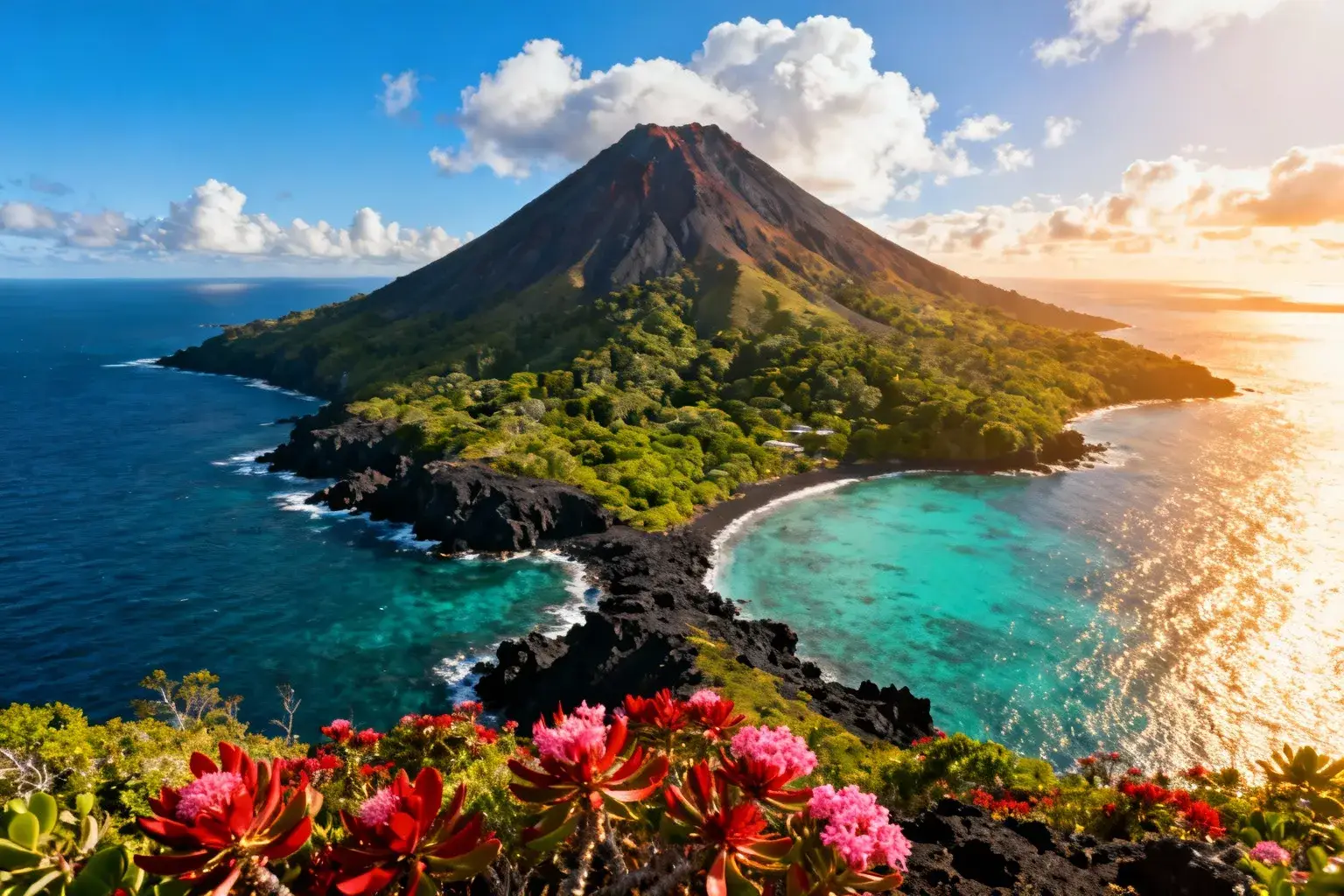 Île volcanique isolée avec pics dramatiques, forêt verte et eau turquoise, fleurs endémiques en premier plan