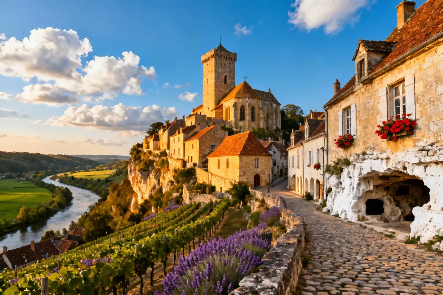 Village médiéval de Lavardin perché sur une colline avec son donjon de 26 mètres, maisons en pierre dorée et toits en terracotta