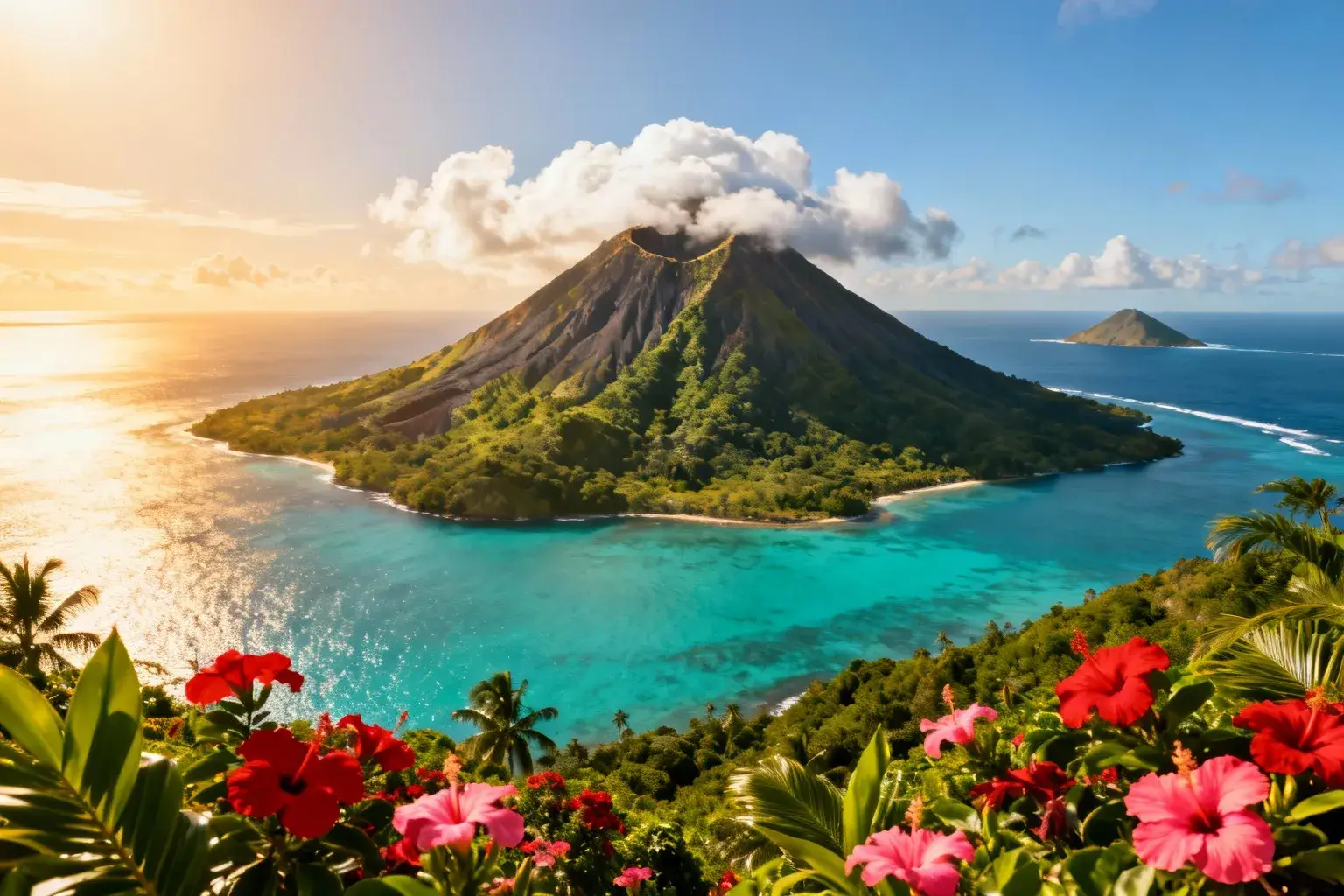 Mont Liamuiga, volcan de Saint-Kitts culminant à 1156 mètres, entouré d'une forêt de nuages et d'eaux turquoise