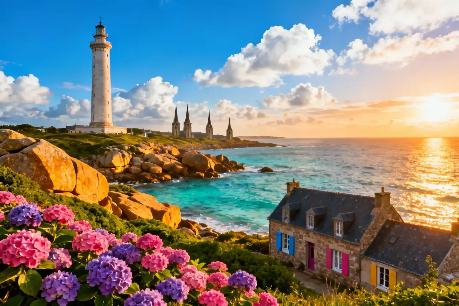 Phare d'Eckmühl dominant la côte bretonne avec eaux turquoise et églises au loin sous un ciel bleu