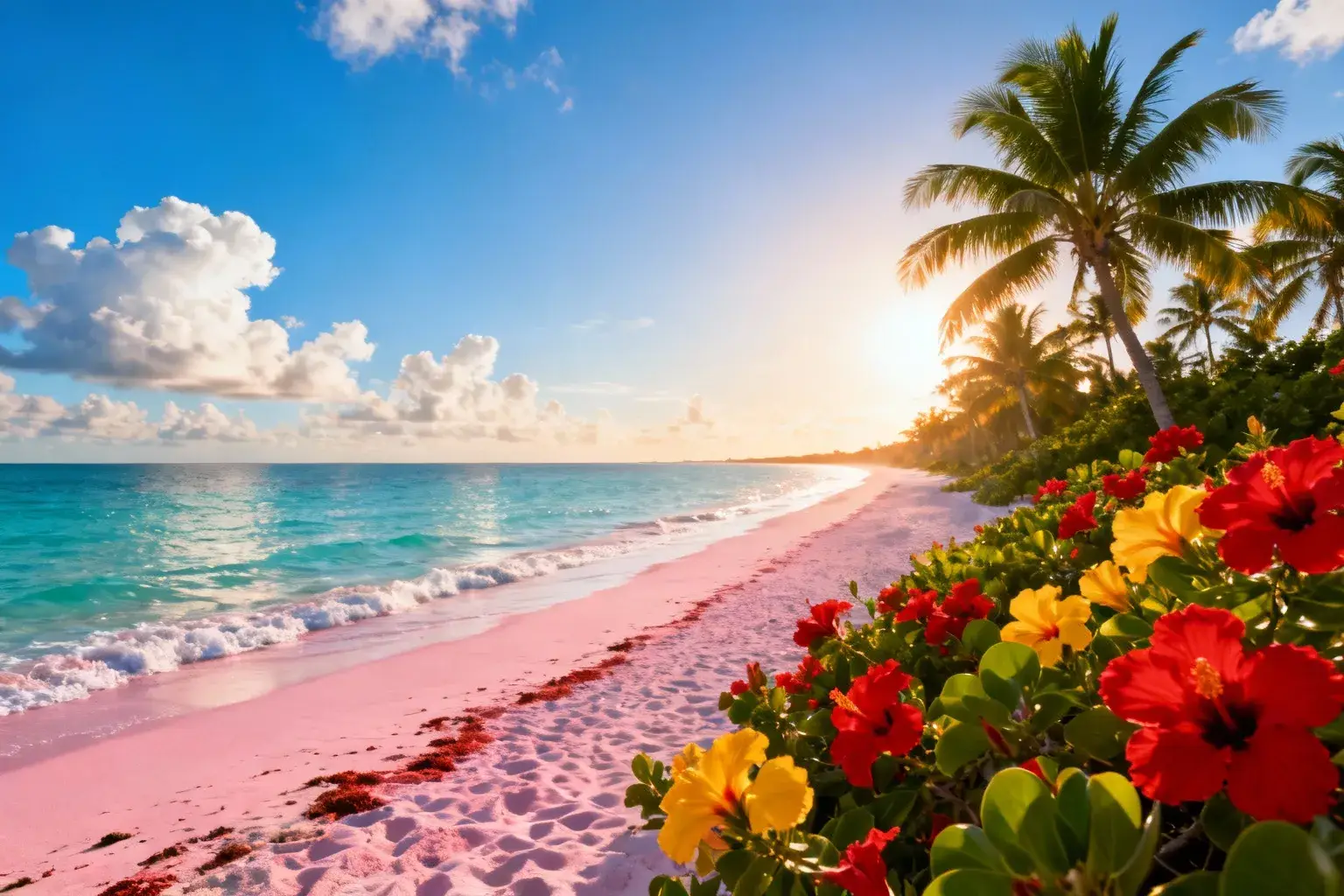 Plage paradisiaque des Bahamas avec sable rose unique créé par de minuscules organismes marins de 1 mm