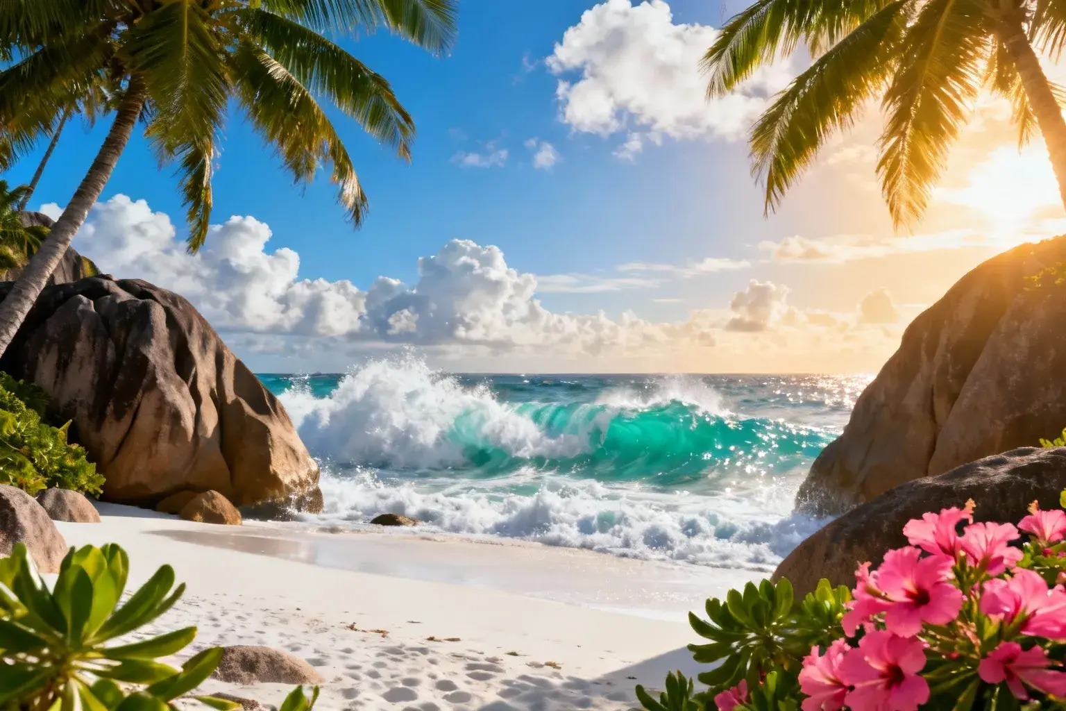 Plage paradisiaque de Grand Anse à La Digue avec vagues turquoises de 2 mètres, sable blanc et rochers granitiques