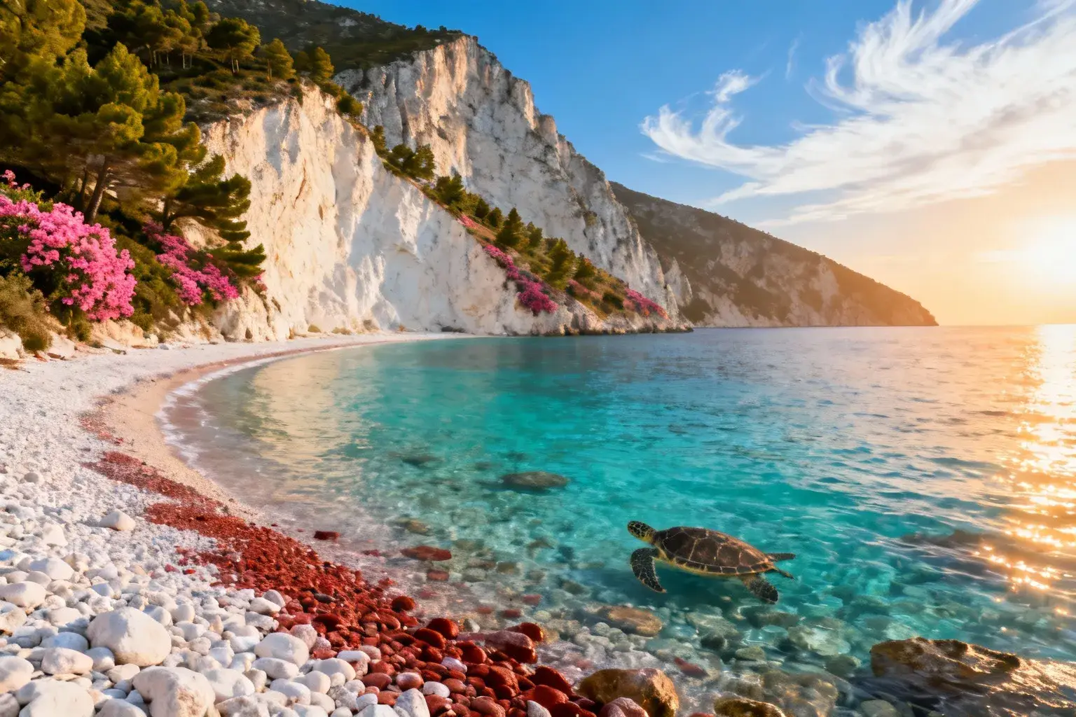 Plage de sable fin en Grèce avec une faille géologique profonde où nagent des tortues caouannes