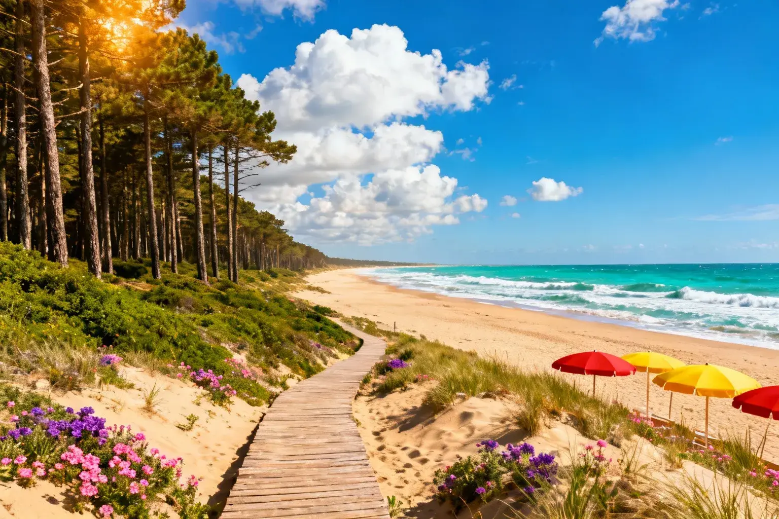 Plage dorée immaculée de Montalivet-les-Bains avec vagues turquoises et forêt de pins en bordure, sous un ciel bleu