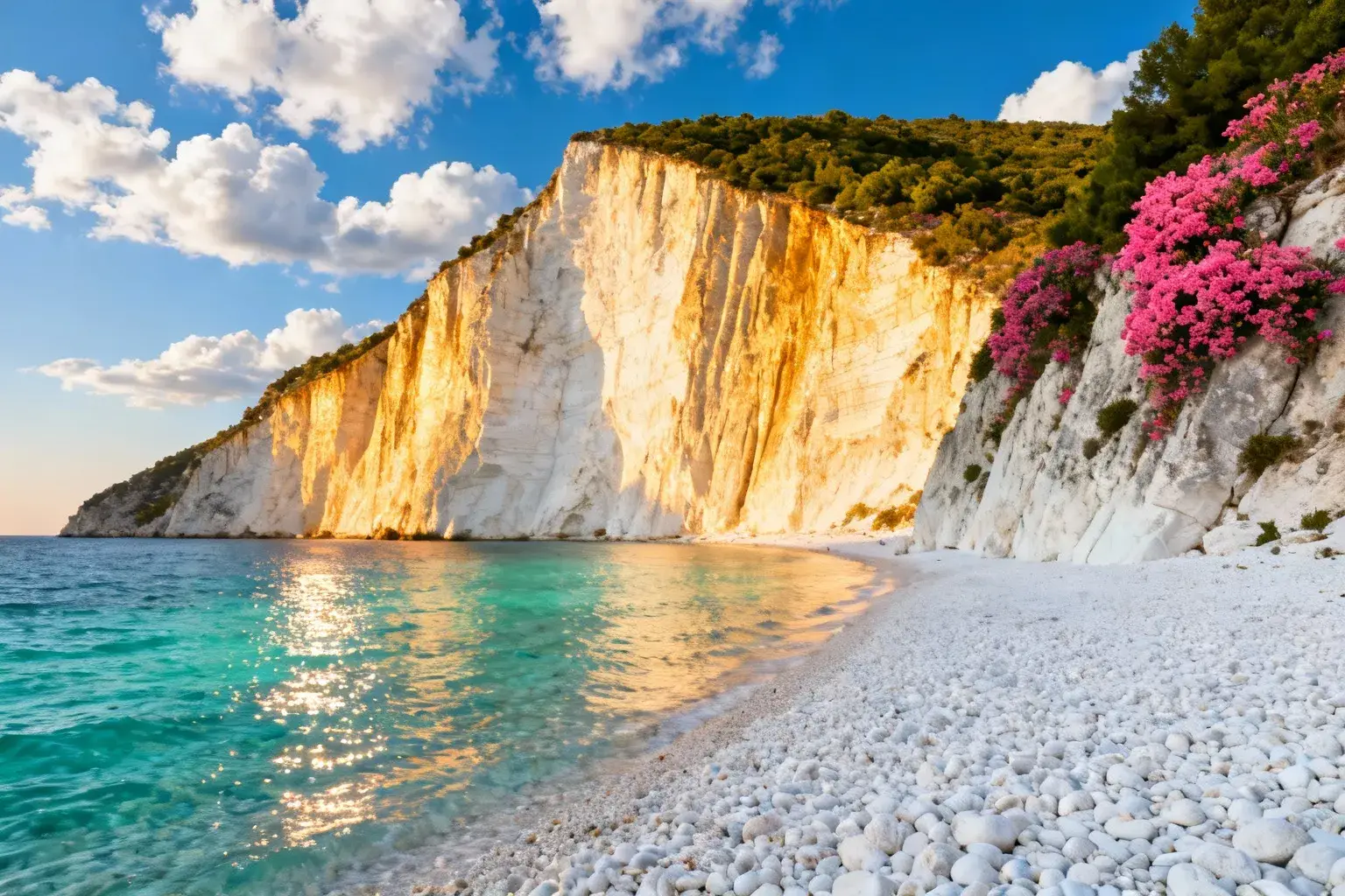 Plage immaculée de Myrtos avec falaises de marbre dorées et eau turquoise cristalline sous le soleil méditerranéen