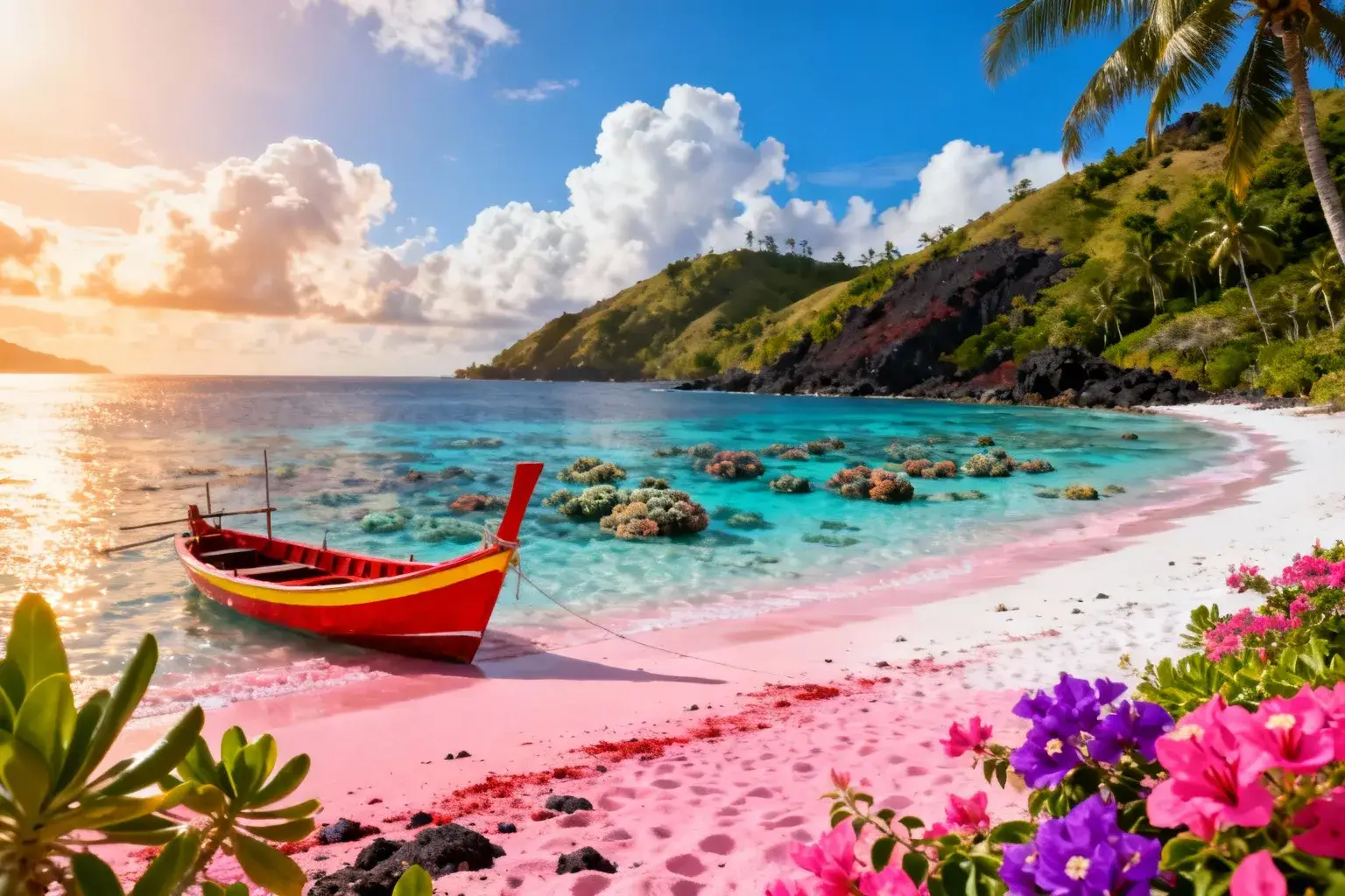 Plage de sable rose bordée d'eau turquoise avec récifs coralliens et dragon de Komodo sur le rivage