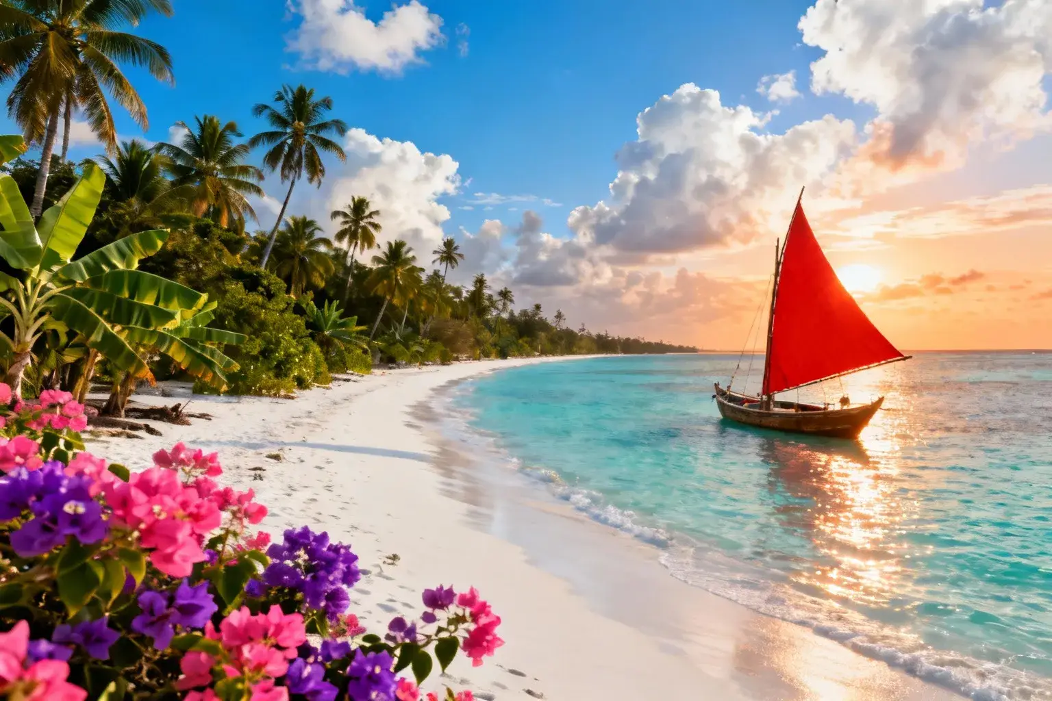 Plage paradisiaque de Kendwa à Zanzibar avec sable blanc immaculé et eau turquoise transparente, dhow traditionnel à voile rouge