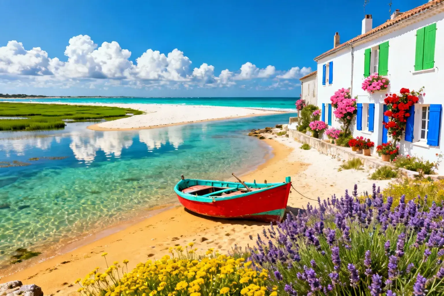 Plage de sable blanc des Portes-en-Ré avec eau turquoise, maisons blanches aux volets bleus et verts, bateaux de pêche rouges et turquoises