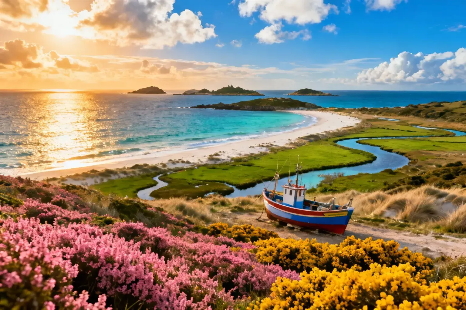 Paysage côtier de la presqu'île du Finistère avec polder de 120 hectares, menhir couché et vue sur l'océan Atlantique