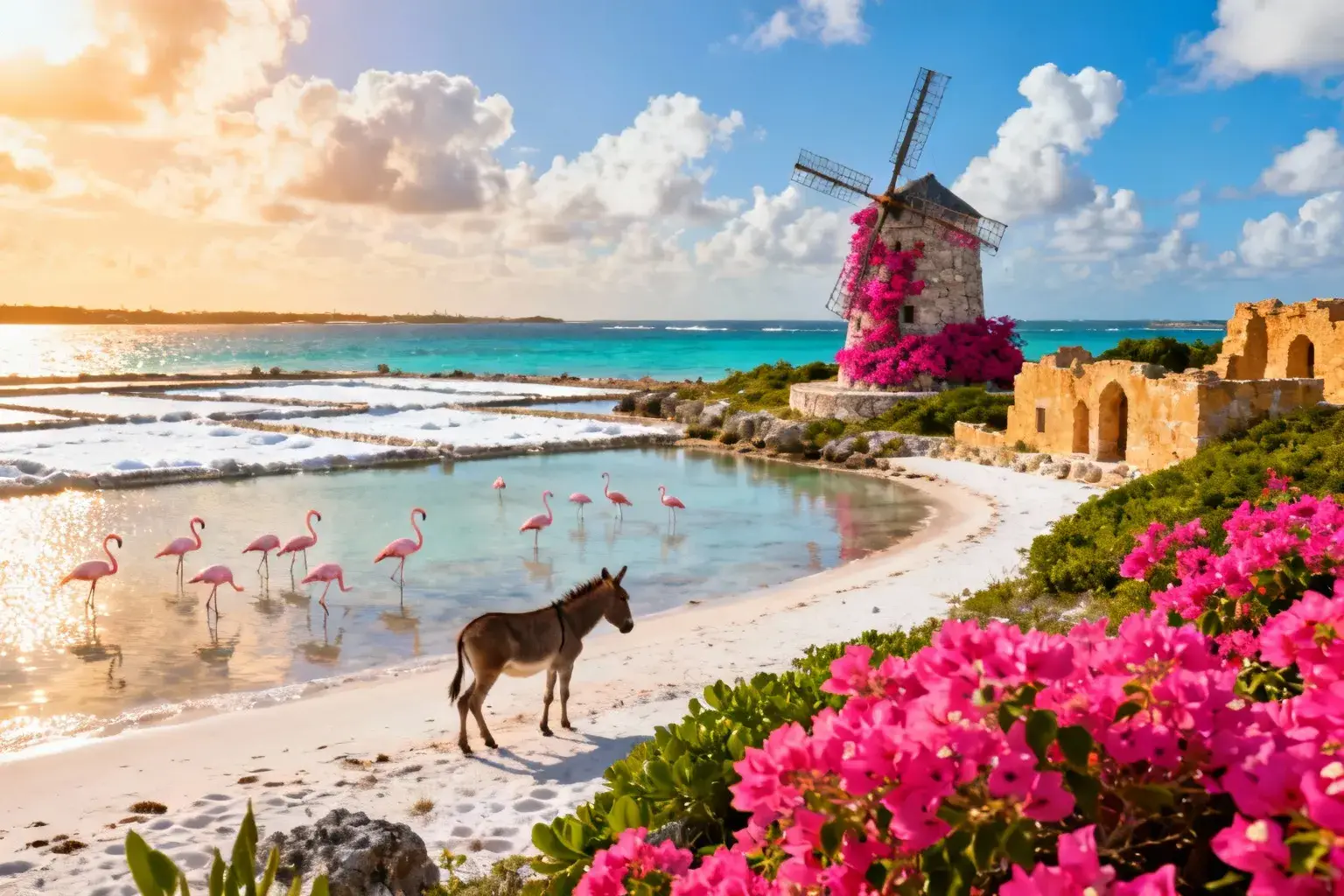 Plage de sable blanc à Salt Cay avec eau turquoise, flamants roses dans les bassins et anciennes salines historiques
