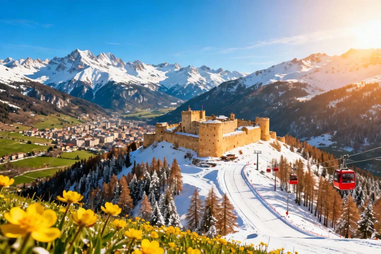 Vue panoramique des pistes de ski immaculées de Serre Chevalier avec la citadelle de Briançon en arrière-plan