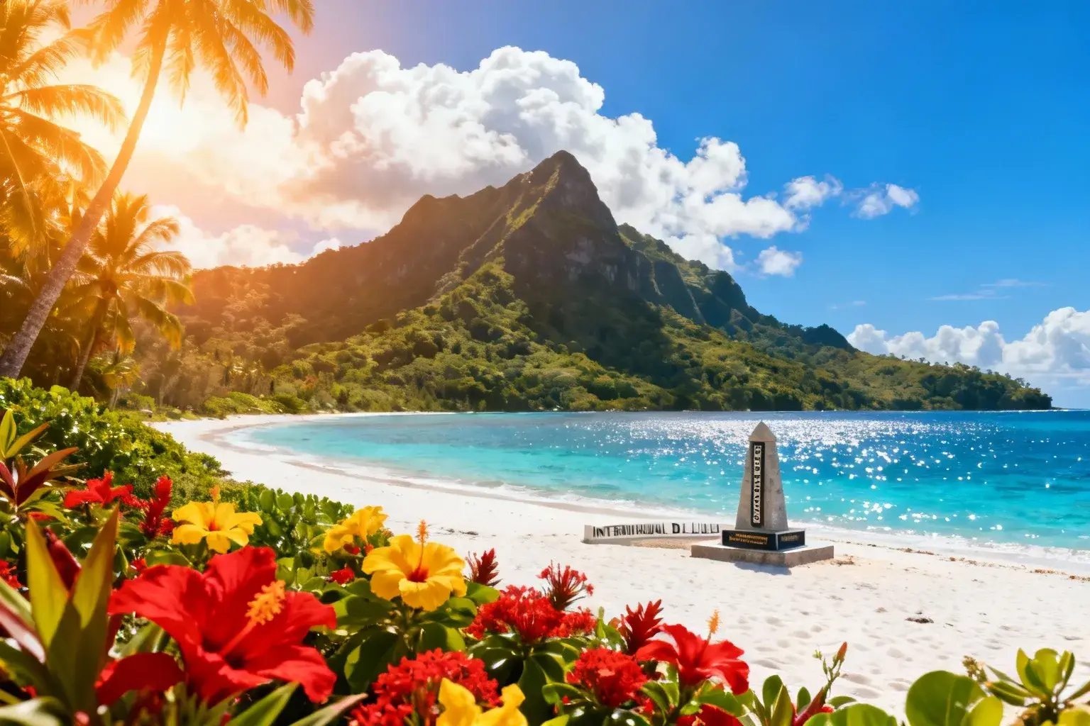 Plage paradisiaque de Taveuni avec marqueur de la ligne de date, eaux turquoises et montagnes volcaniques en arrière-plan