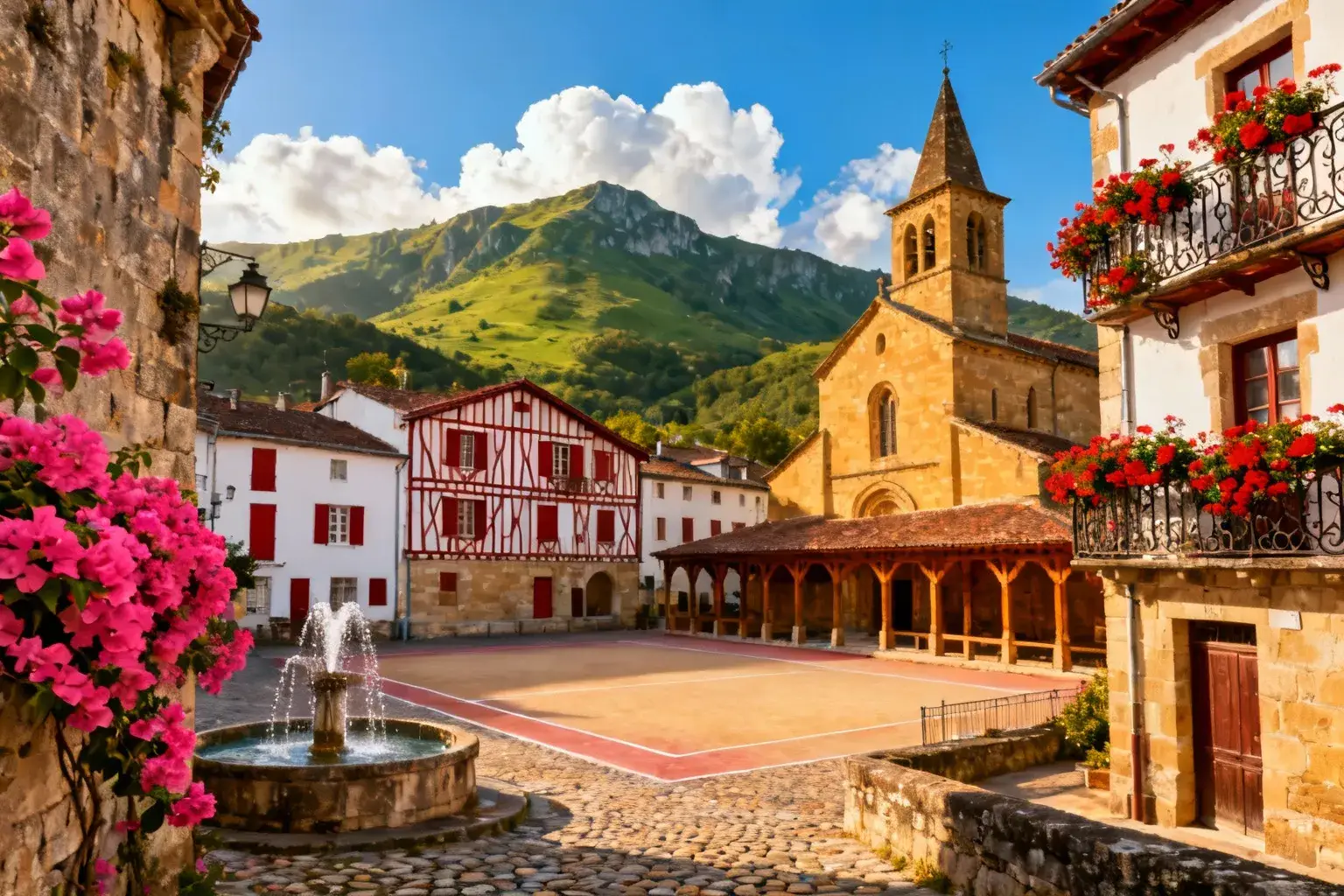 Village basque pittoresque avec maisons à colombages blanches, volets rouges et geraniums en cascade sous un ciel bleu