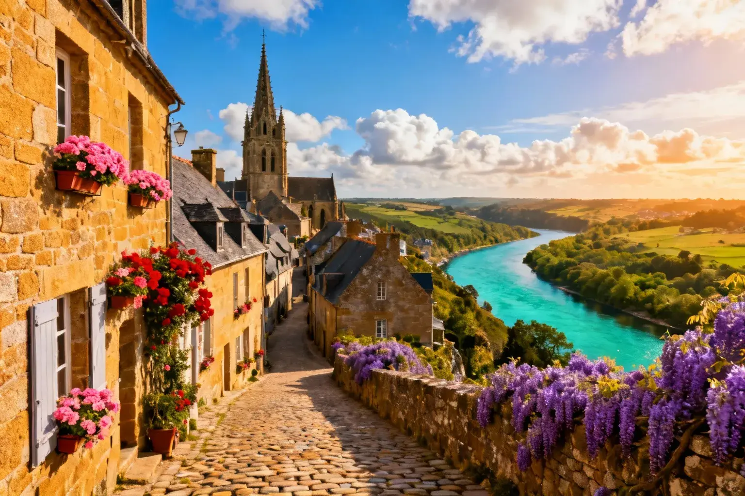 Vue aérienne du village médiéval du Finistère avec son plan historique intact entouré d'un ancien fossé
