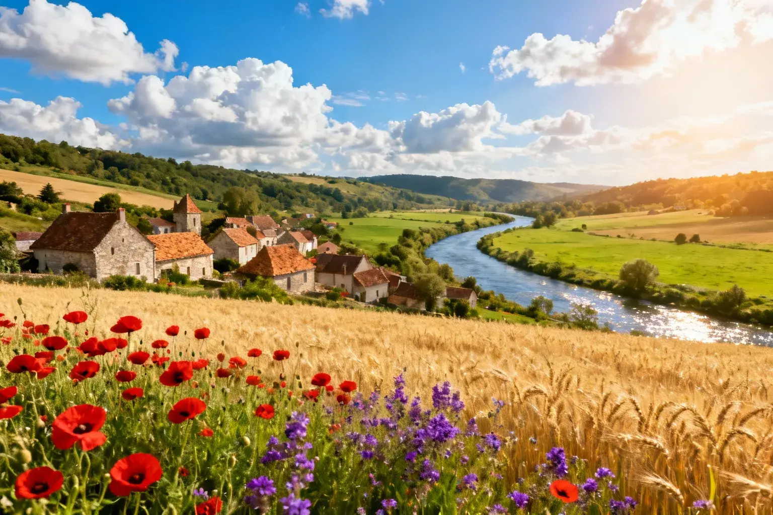 Paysage rural français avec champs de blé doré, coquelicots rouges et maisons en pierre aux toits de tuiles dans la vallée