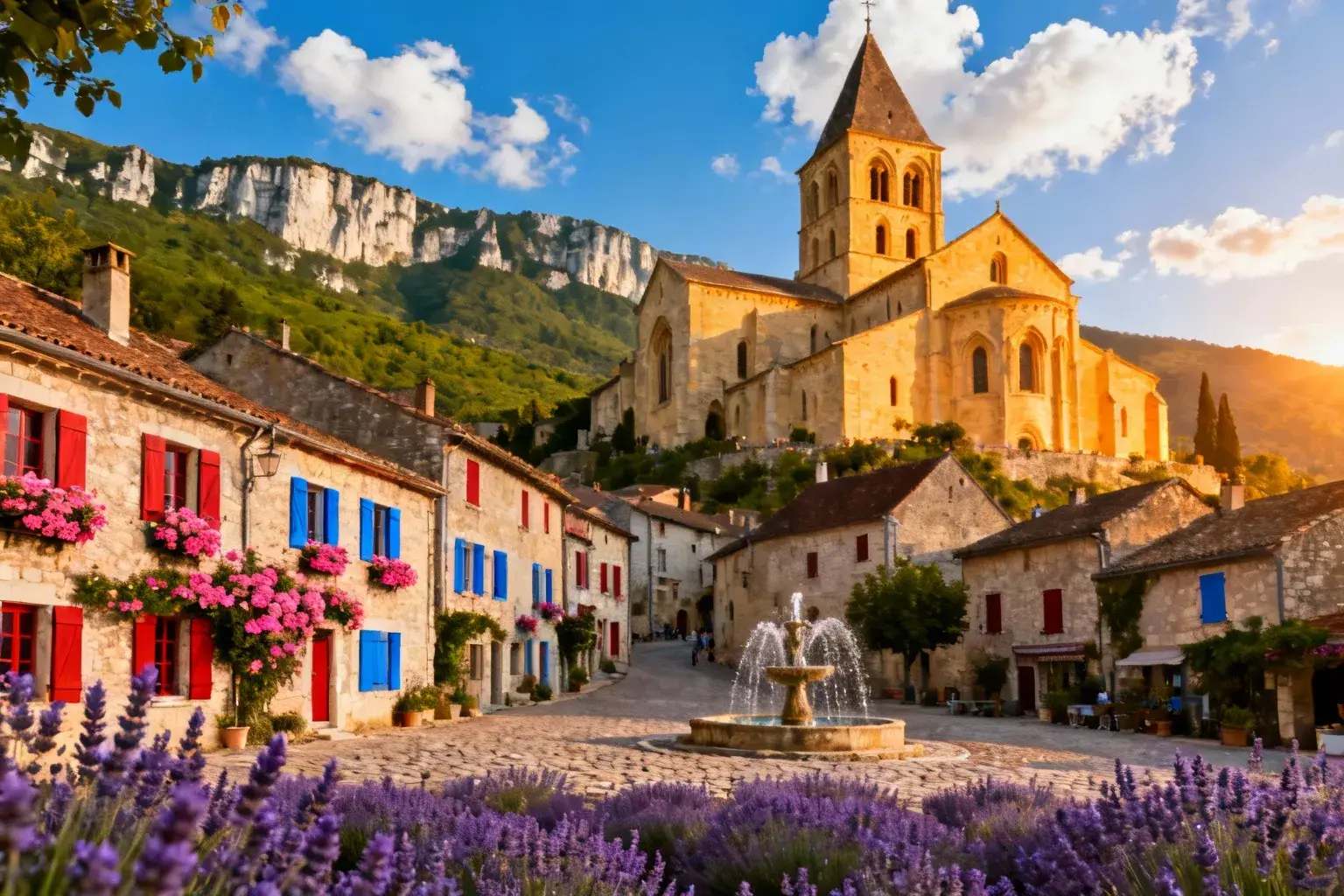 Vue panoramique du village classé avec ses maisons en pierre et ses ruelles pavées dans un cadre naturel préservé