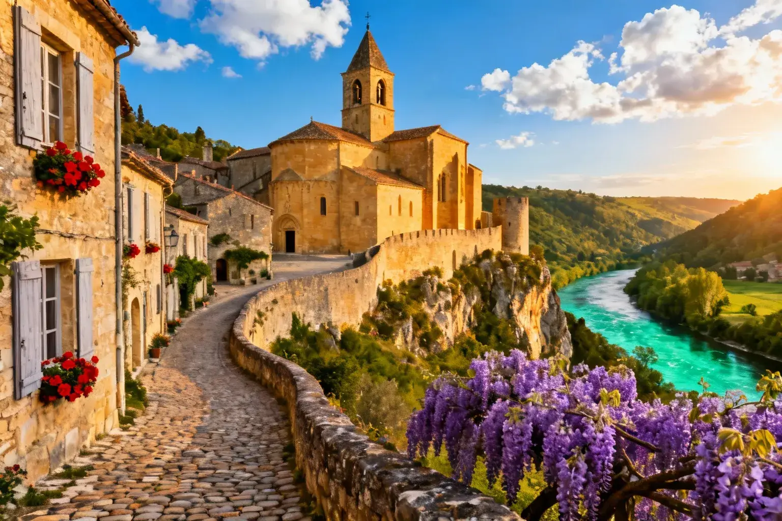 Village médiéval fortifié avec église romane, rues pavées et fleurs rouges, dominant la vallée verte et la rivière Lot