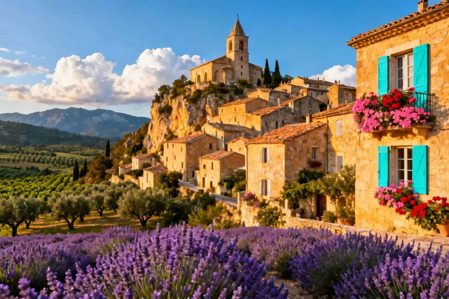 Village médiéval provençal avec maisons en pierre dorée, toits en terracotta et champs de lavande au premier plan