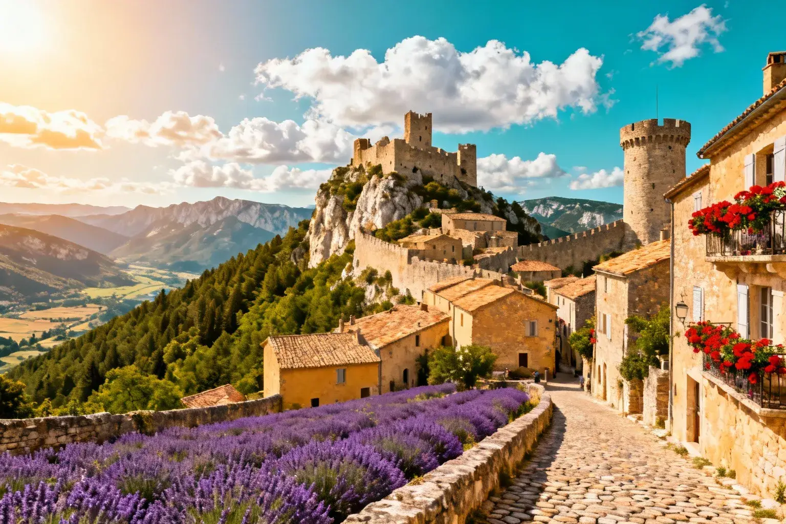 Village typique provençal accroché à la montagne avec vue panoramique sur les paysages du Var