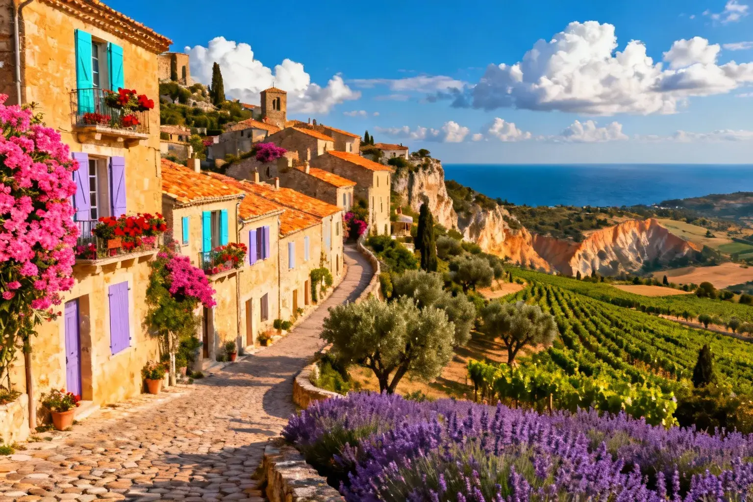 Village médiéval de Seillans avec maisons en pierre dorée, volets turquoise et lavande, bougainvilliers roses et géraniums rouges sur les balconies