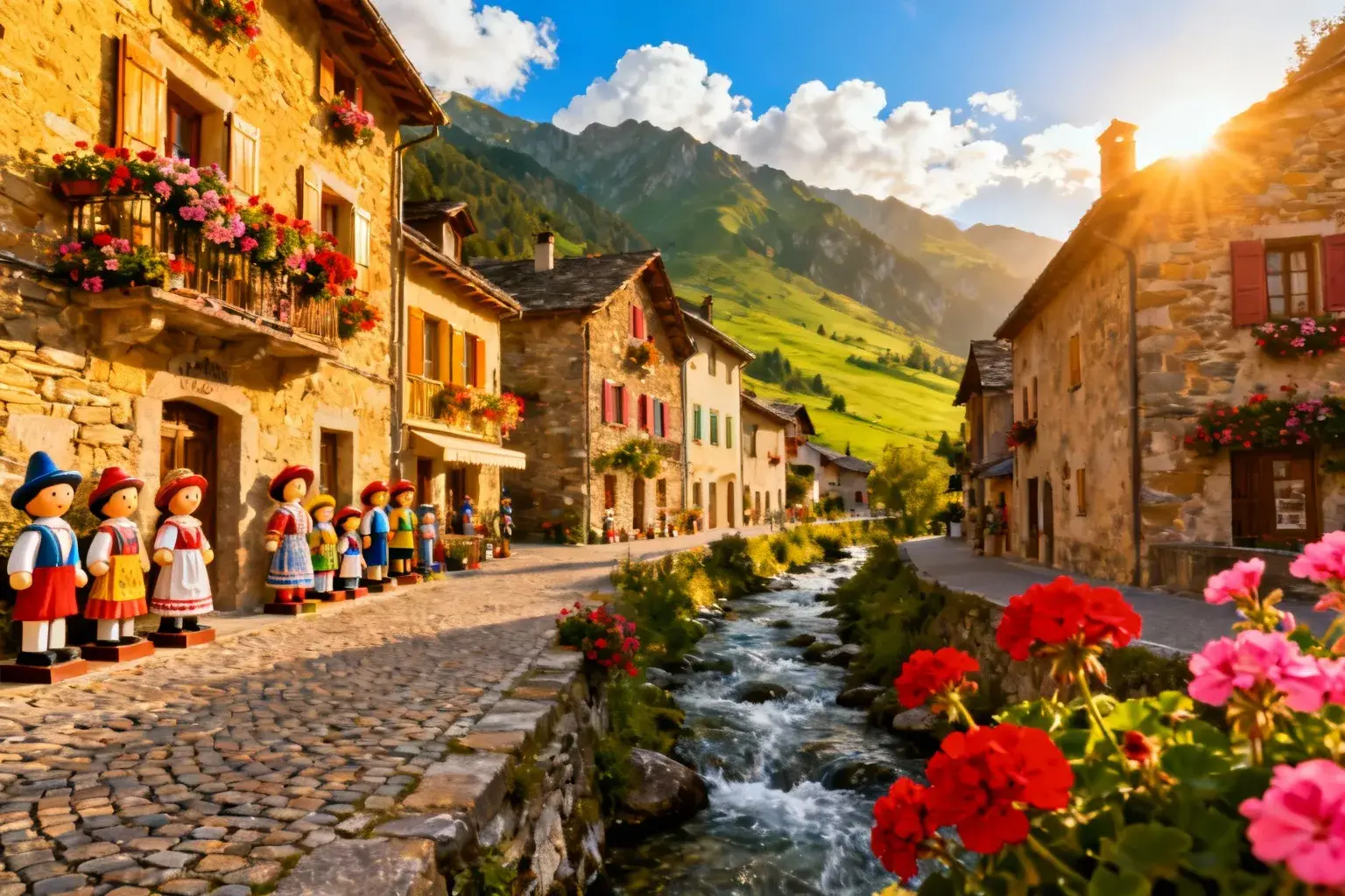 Village traditionnel des Pyrénées avec maisons en pierre, balcons fleuris et poupées géantes décoratives dans les rues