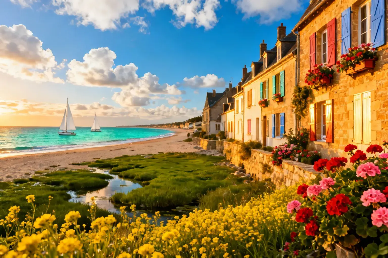 Paysage du village avec maisons et canaux, entouré de digues pour se protéger des eaux