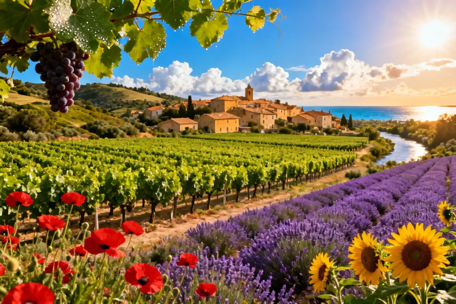 Village de Puimisson entouré de vignes sous une lumière dorée, avec des champs de lavande et des coquelicots au premier plan