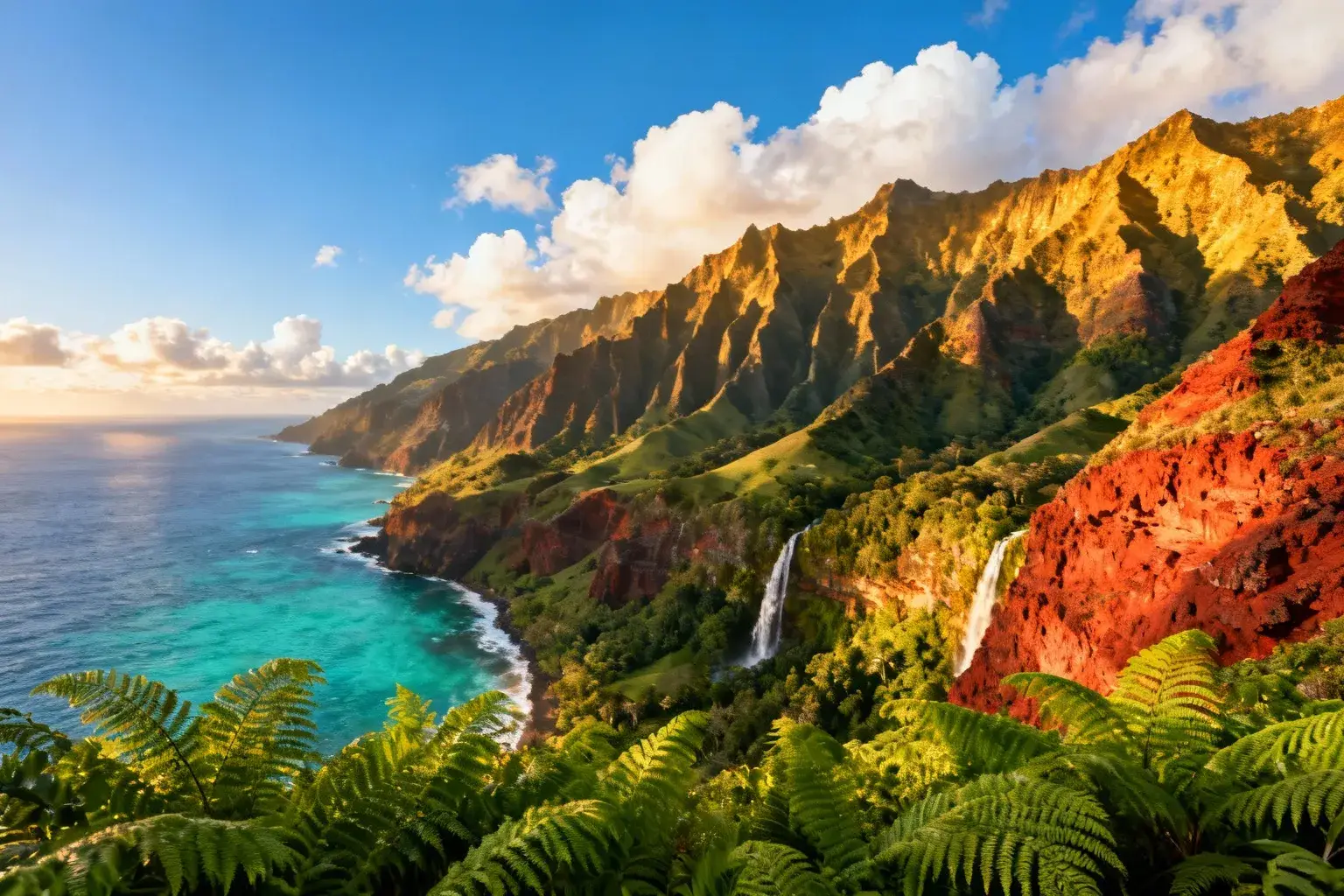 Vue aérienne des falaises de Napali à Kauai avec océan turquoise et végétation tropicale luxuriante
