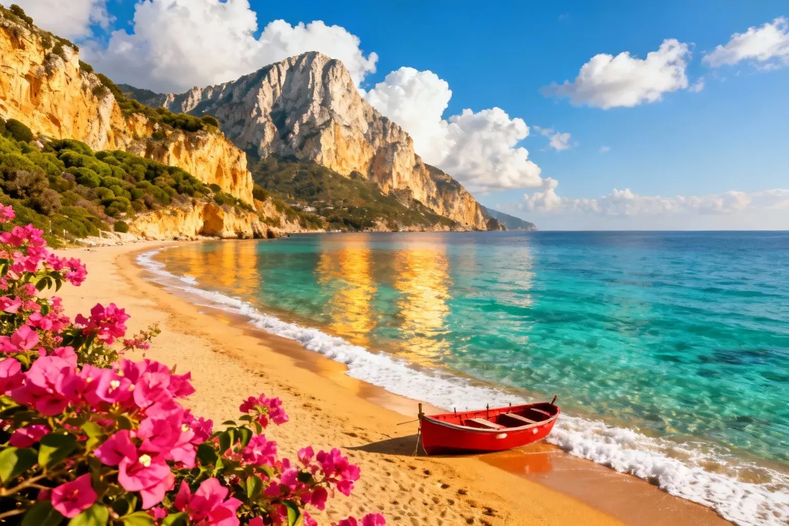 Longue plage de sable doré en Sicile avec eaux turquoise claires et vue sur le Monte Monaco en arrière-plan