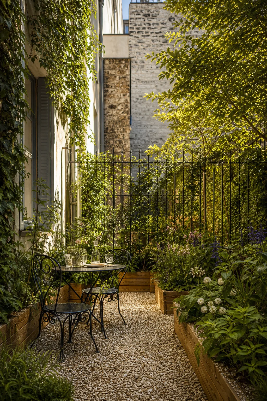 Petit jardin de ville aménagé avec table et jardinières