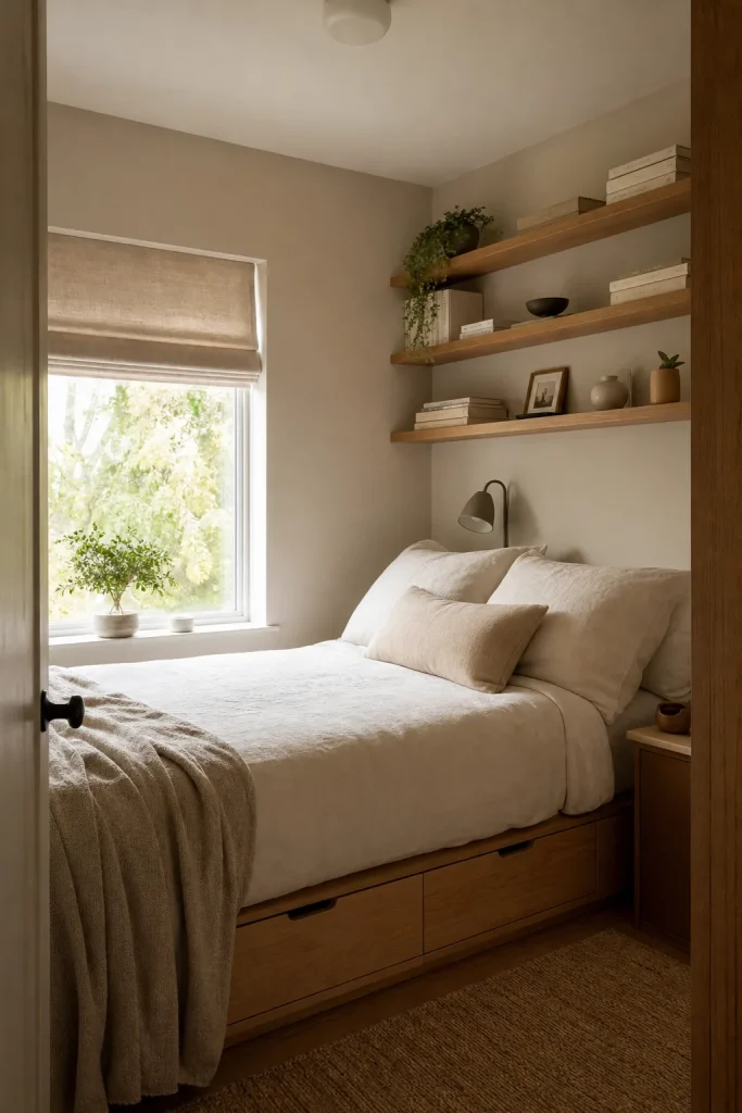 Petite chambre optimisée avec rangement sous le lit