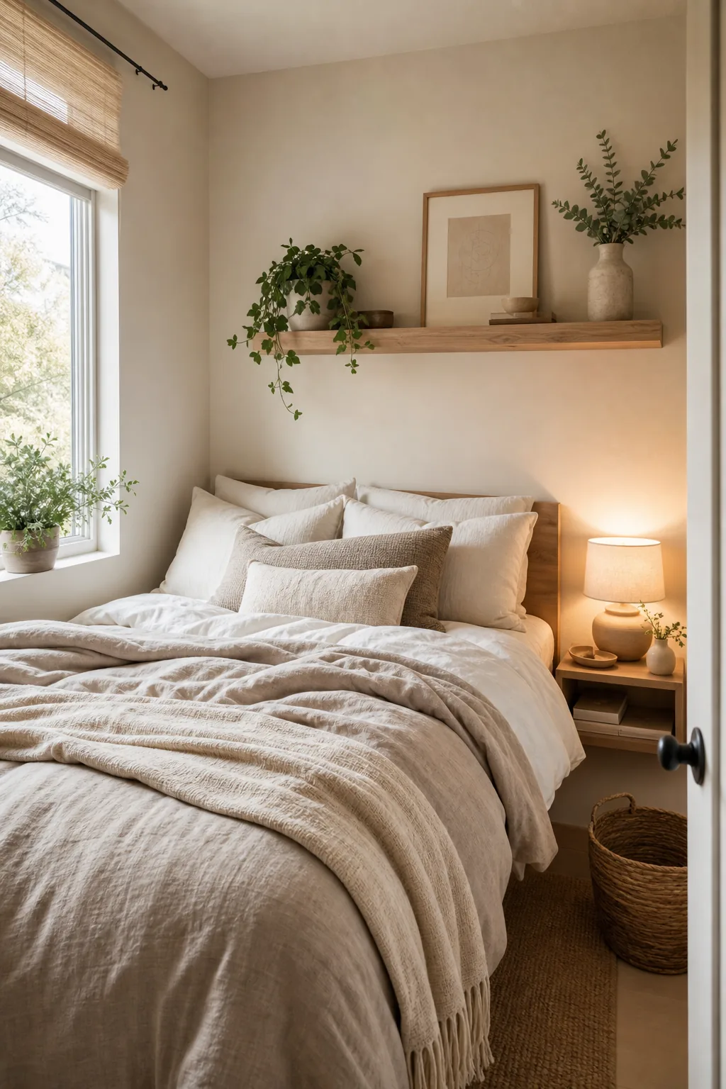 Petite chambre cosy avec linge de lit texturé