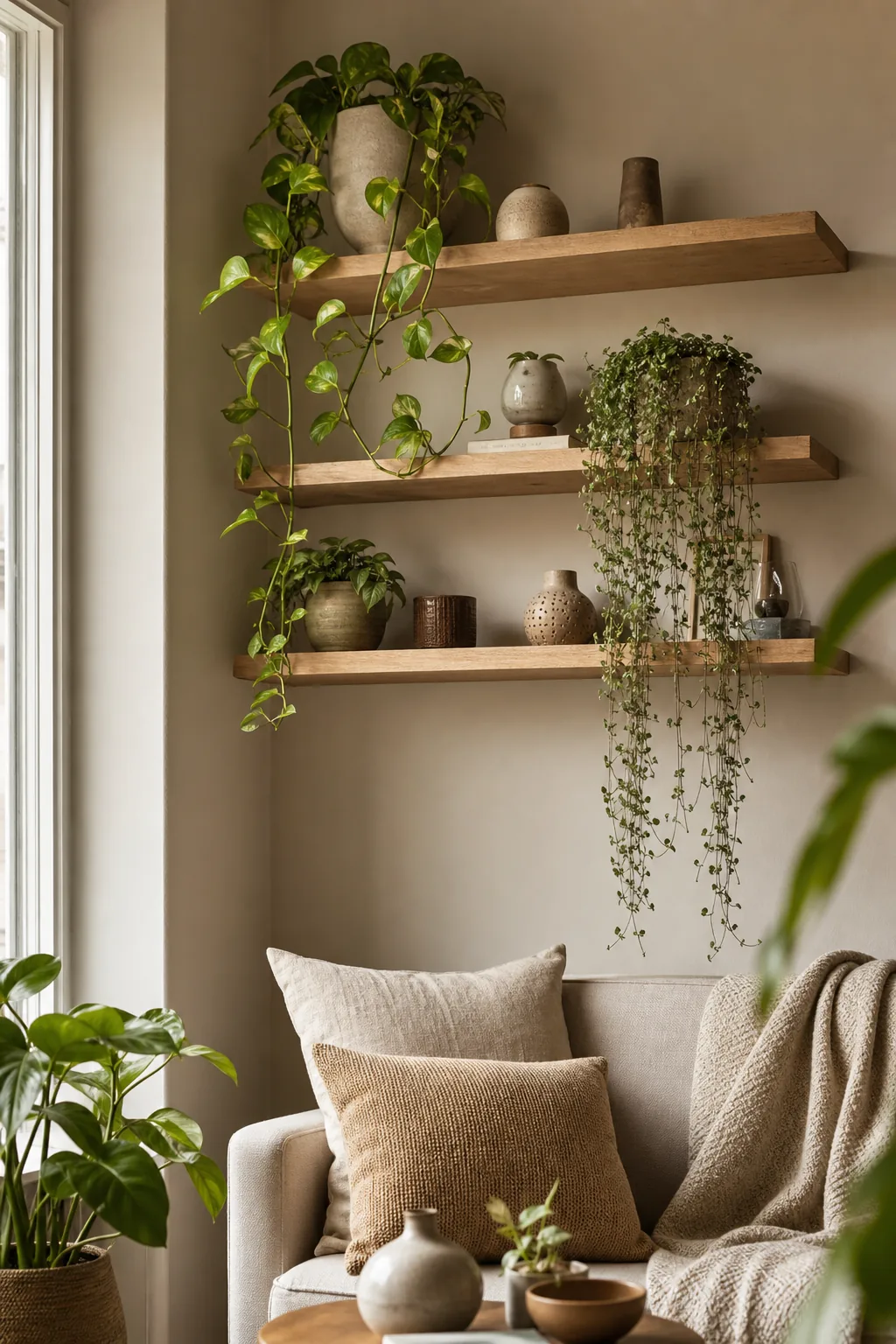 Étagère murale avec plantes retombantes