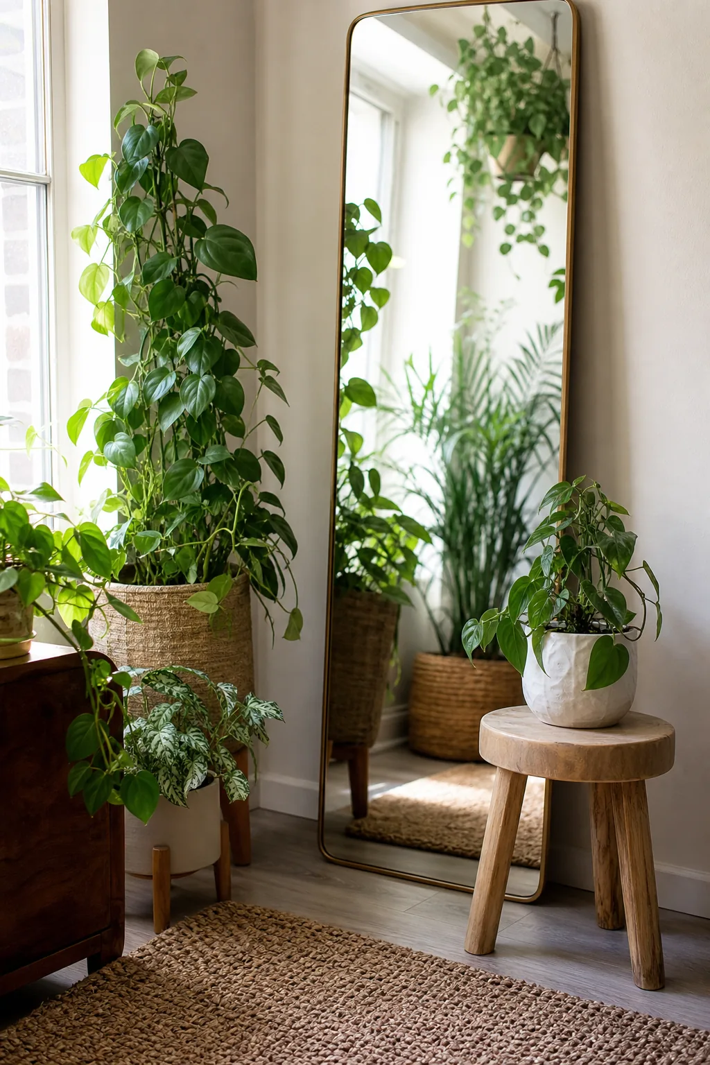 Miroir et plantes dans un coin de salon