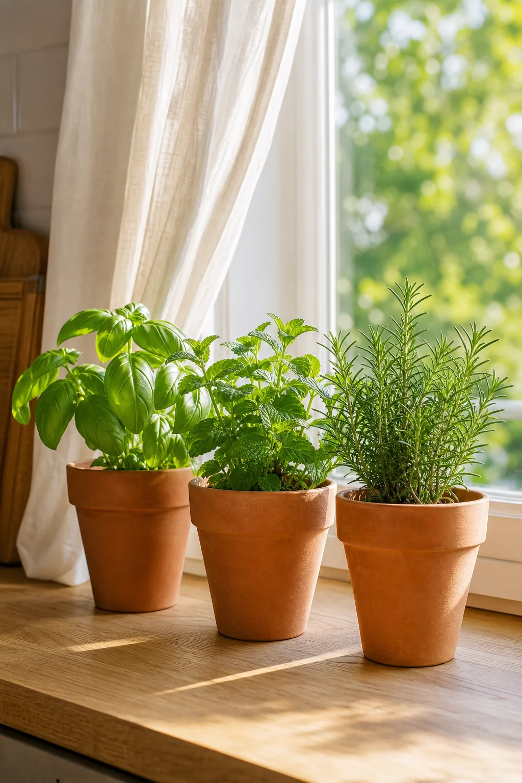 Aromatiques en pots sur un rebord de cuisine