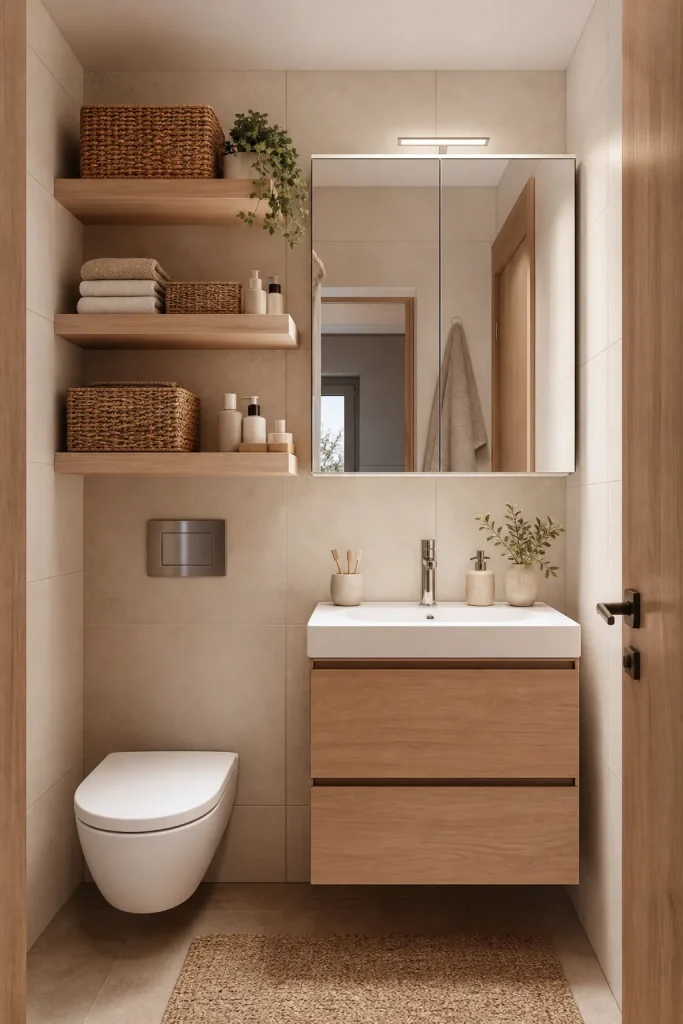 Petite salle de bain organisée avec étagères murales