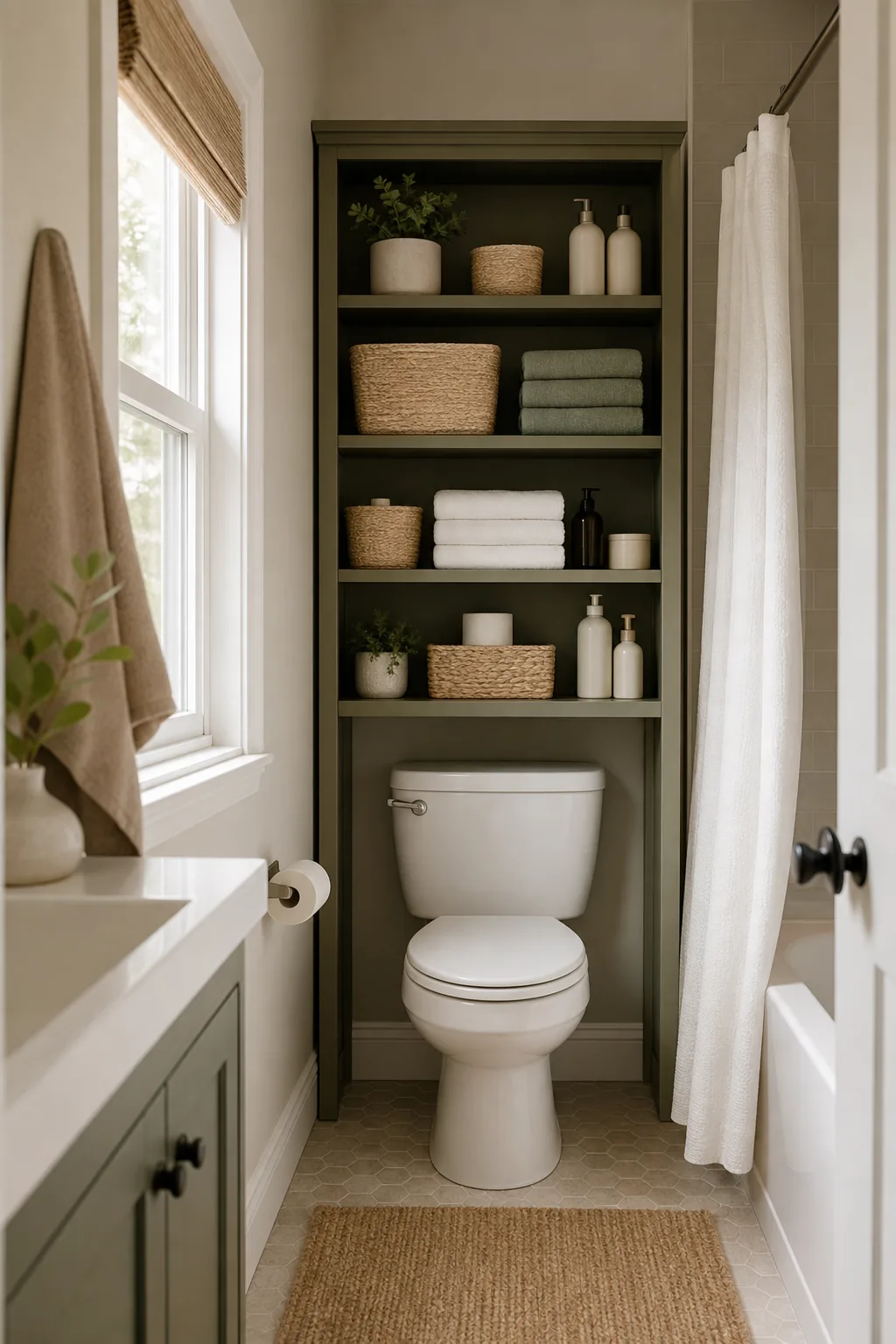 Étagères au-dessus des toilettes dans une salle de bain