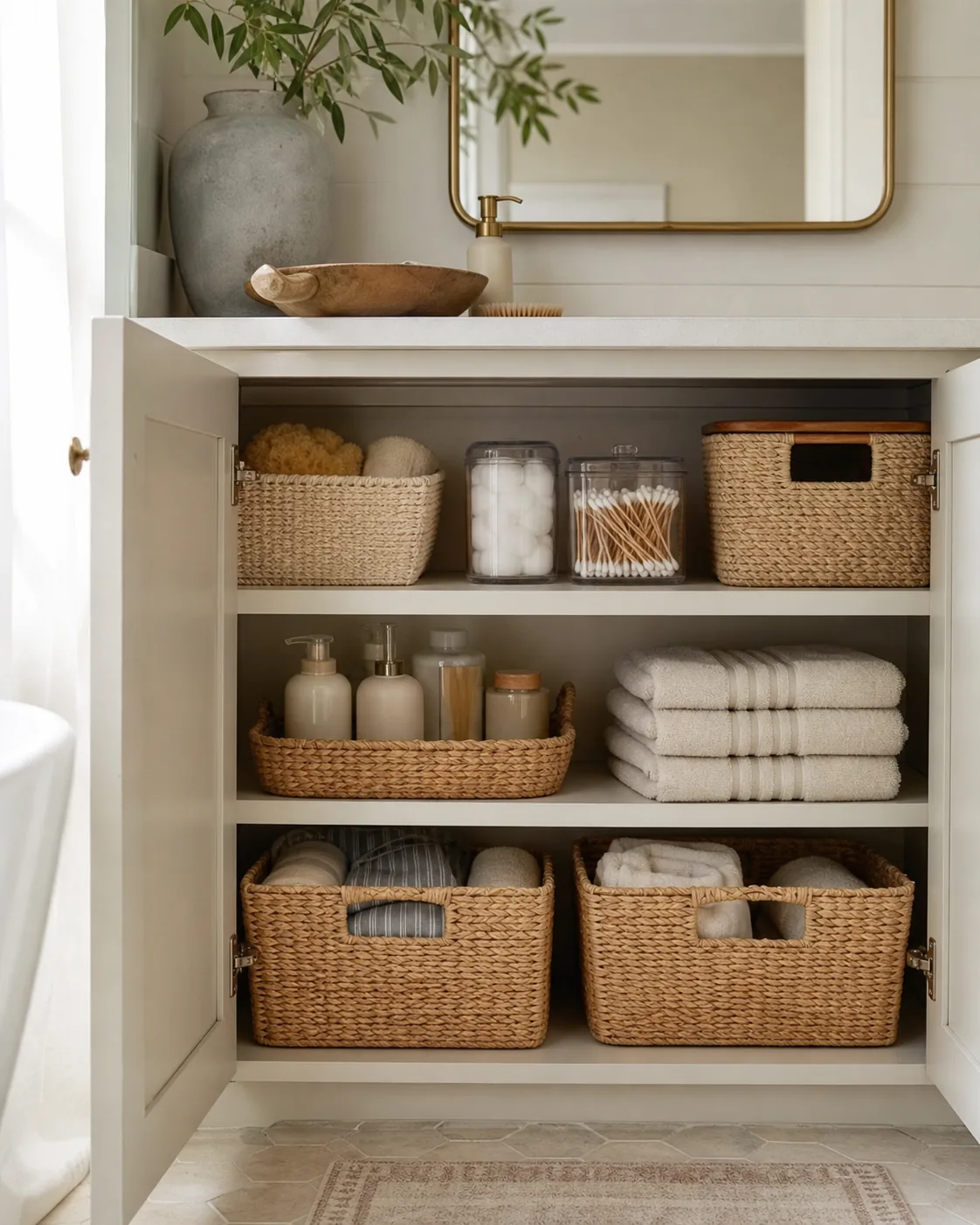 Placard de salle de bain avec paniers et serviettes