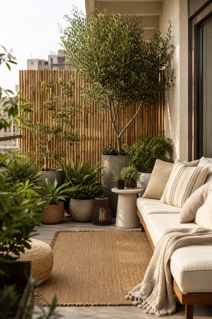 Petite terrasse cosy avec tapis et plantes