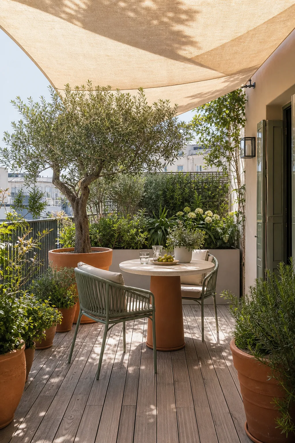 Terrasse avec voile d’ombrage et table compacte