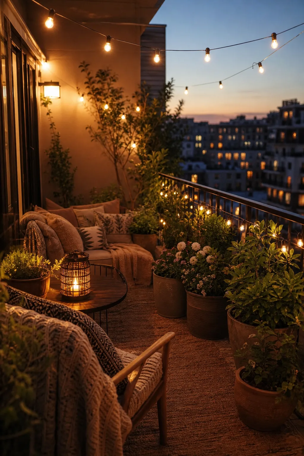 Terrasse avec lumière douce et guirlandes