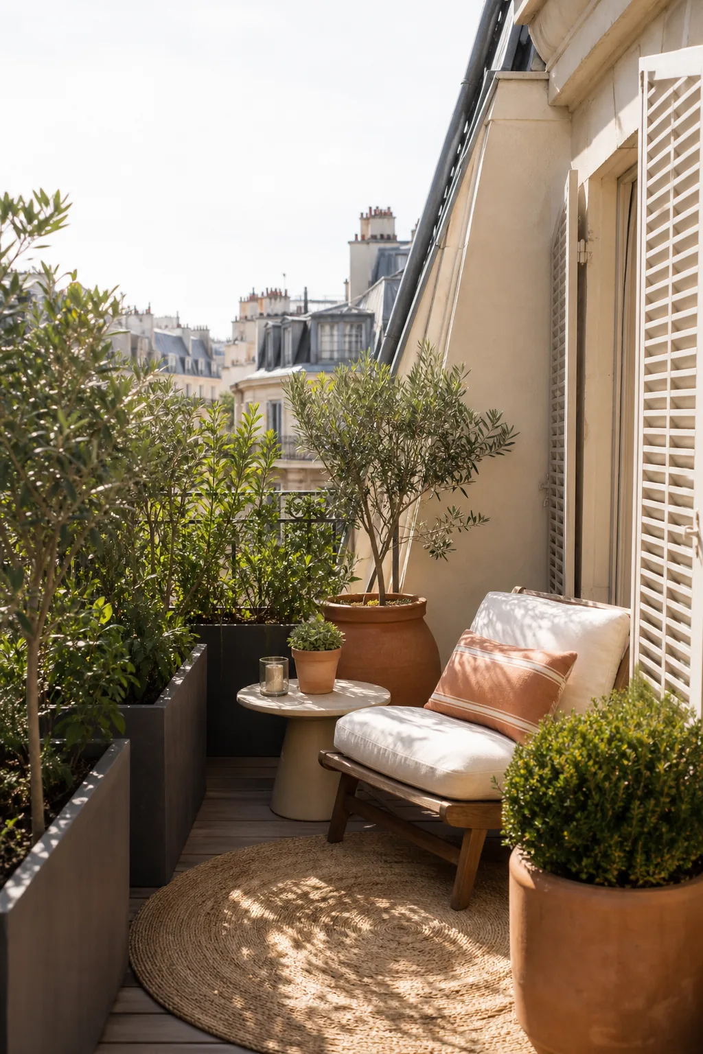 Terrasse avec grands pots pour plus d’intimité