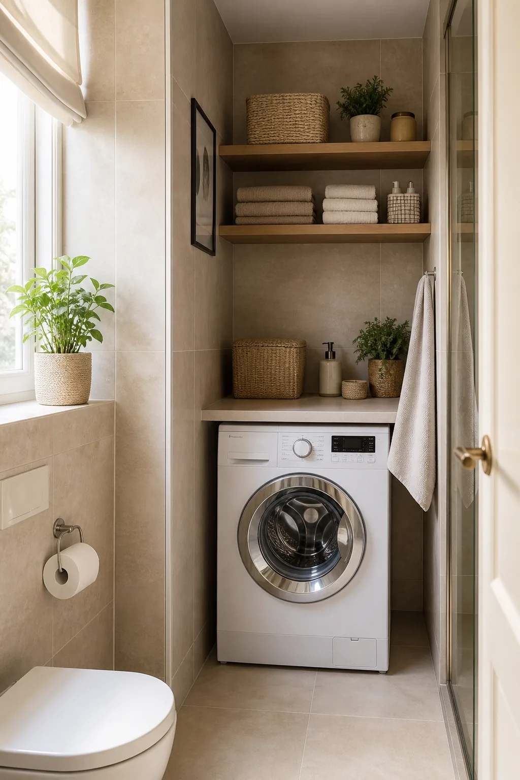 Machine à laver sous plan de travail dans une salle de bain