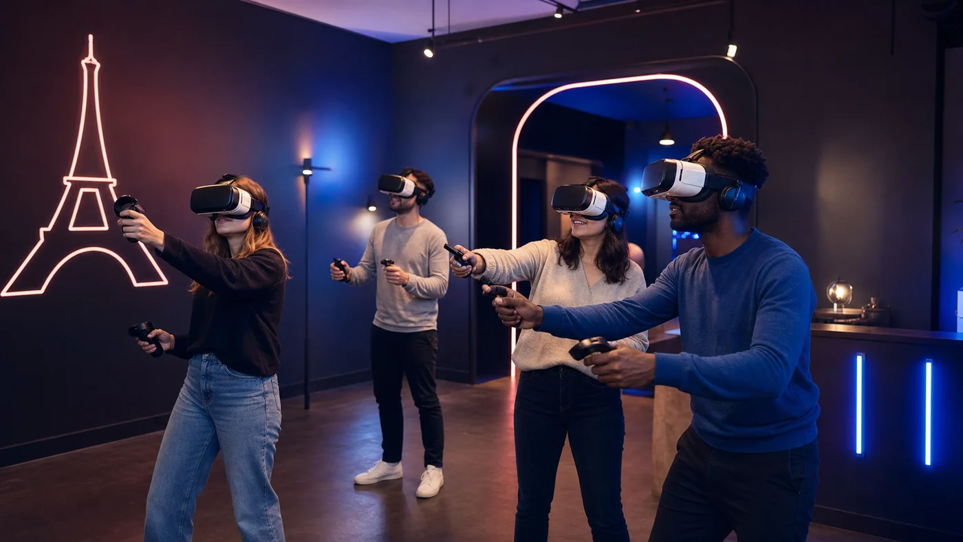 Participants avec casques de réalité virtuelle dans une salle immersive à Paris